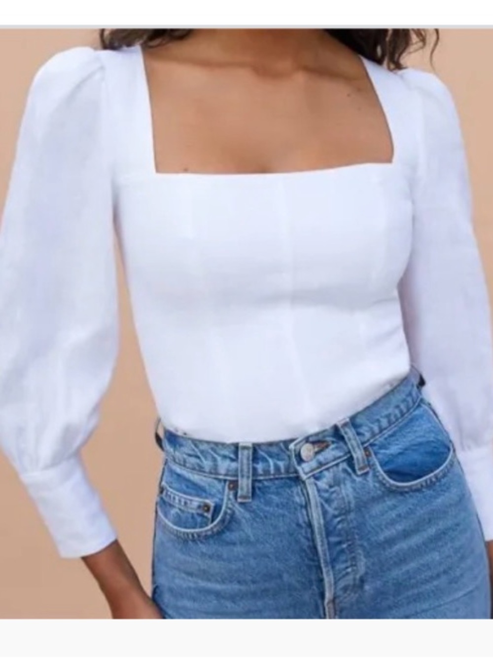 Reformation 4 Stilton 100% linen long sleeve square neck smocked back top boho
